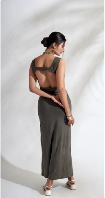 Oceanic Olive Green Side Slit Dress - Back View Thumbnail